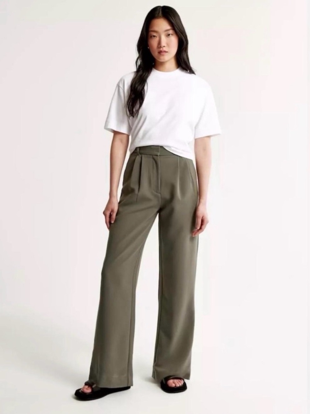 Abercrombie Sloane Tailored Wide Leg Trousers Olive Size 6 Short